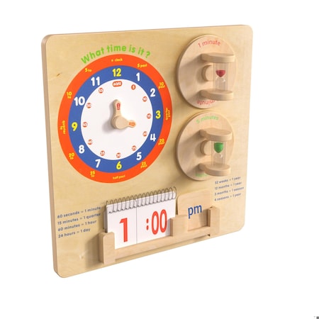 Flash Furniture Bright Beginnings Commercial Grade STEAM Wall Activity Board with Natural Finish and Multicolor Accents, Telling Time MK-ME09609-GG